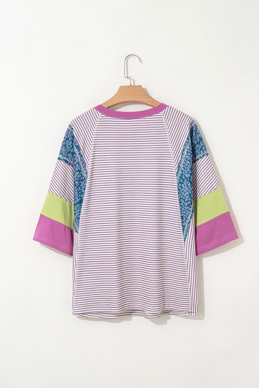 Purple Stripe Floral Color Block Patchwork Stitching Edge T-Shirt