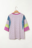 Purple Stripe Floral Color Block Patchwork Stitching Edge T-Shirt