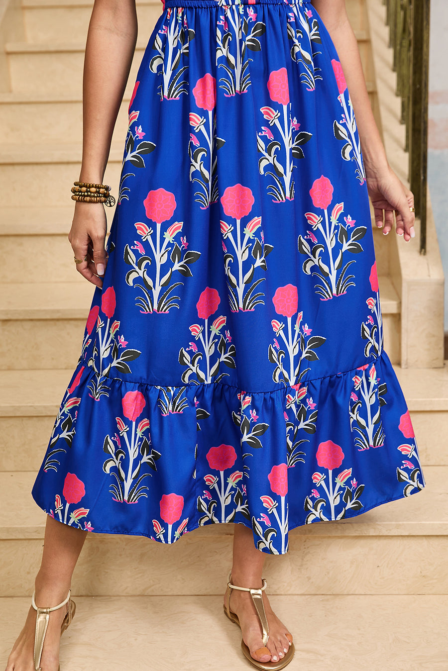 Floral Ruffle Hem Contrast Trim Neckline Midi Dress- 3 Colors