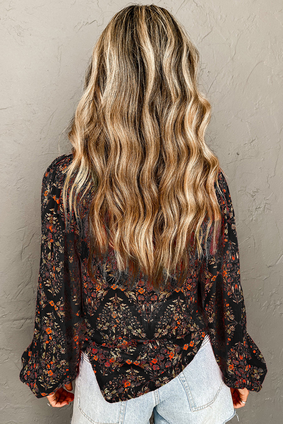 Black Floral Collared Button-Up Lantern Sleeve Blouse