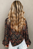 Black Floral Collared Button-Up Lantern Sleeve Blouse