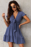 Slate Blue Deep V-Neck Tie Front Bow Layered Flare Mini Dress