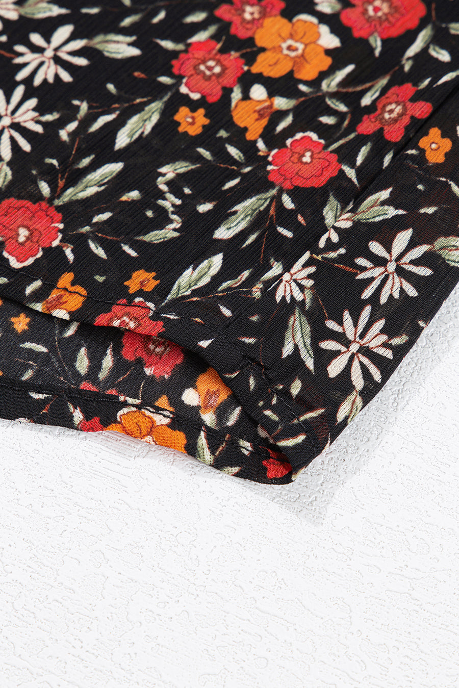 Black Floral Collared Button-Up Lantern Sleeve Blouse