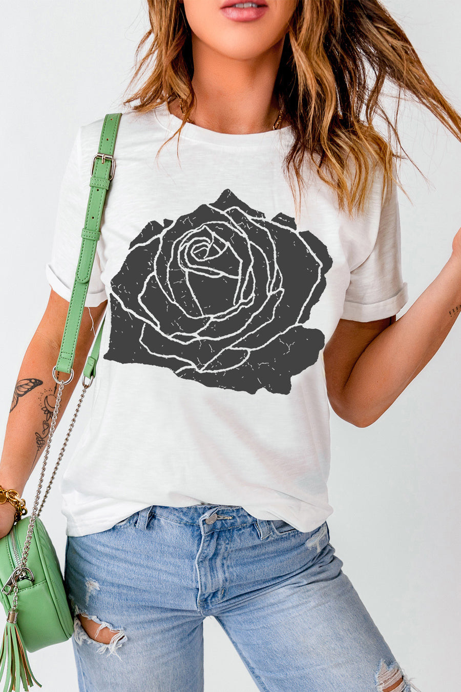 White with Black Rose Graphic Crew Neck T-Shirt