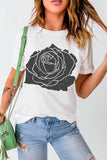 White with Black Rose Graphic Crew Neck T-Shirt