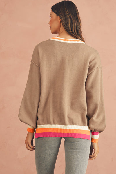 Parchment Striped Trim Drop Shoulder Sweater