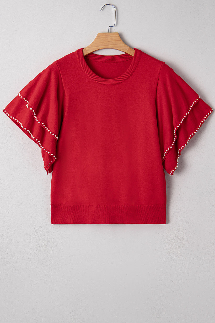 Red Pearl Embellished Double Ruffle Short Sleeve Sweater