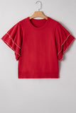 Red Pearl Embellished Double Ruffle Short Sleeve Sweater