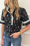 Black Floral Contrast Trim Frilled Neck Ruffled Short Sleeve Blouse