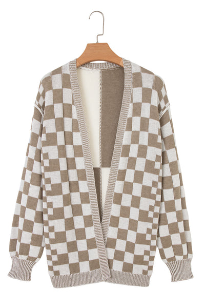 Black Checkered Open Front Drop Shoulder Cardigan