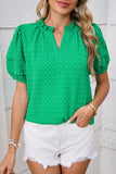 Bright Green Textured Puff Sleeve Frilled & Notched V-Neck Blouse