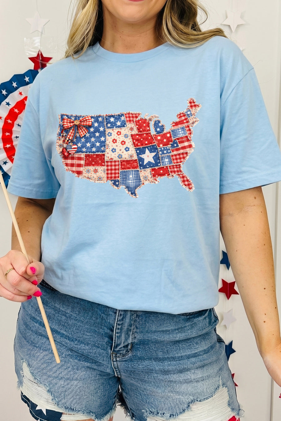 Light Blue Faux Patchwork USA Map Graphic Tee