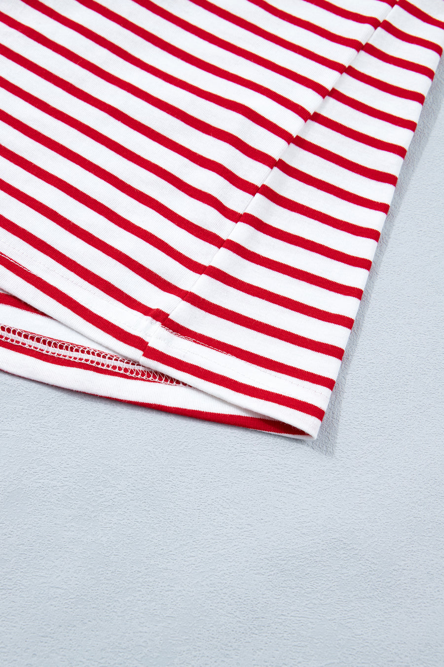 Red Striped Contrast Trim Crew Neck Short Puff Sleeve T-Shirt