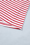 Red Striped Contrast Trim Crew Neck Short Puff Sleeve T-Shirt