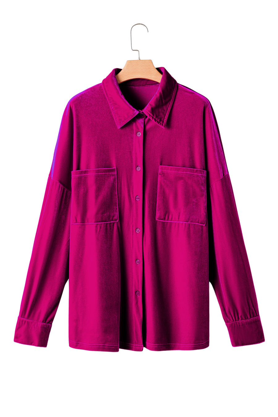 Plus Size Bright Pink Velvet Chest Pocket Drop Shoulder Shirt