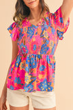 Neon Pink Floral Frill V-Neck Smocked Peplum Blouse