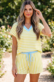 Striped Contrast Trim V-Neck T-Shirt and Drawstring Elastic Waist Shorts Set- 4 Colors