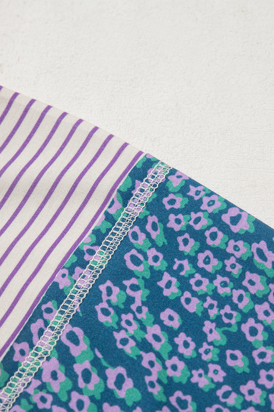 Purple Stripe Floral Color Block Patchwork Stitching Edge T-Shirt