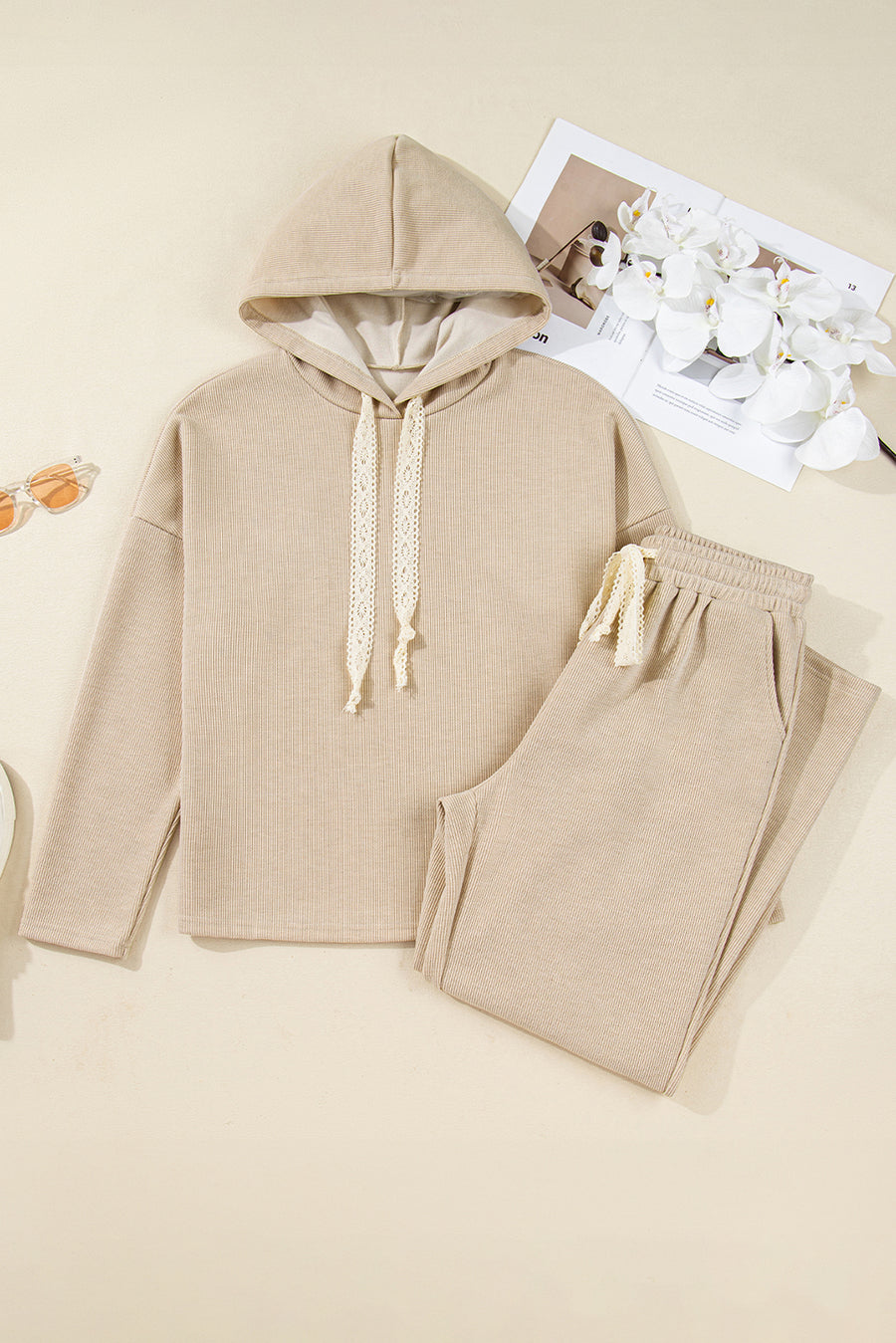 Contrast Drawstring Hoodie and High Waist Pants Corduroy Set- 5 Colors