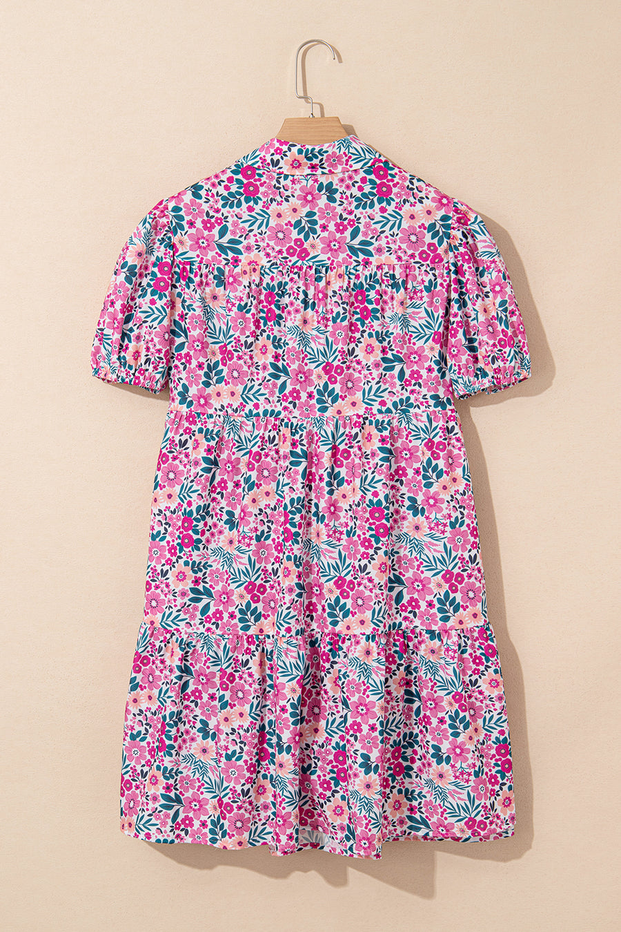 Pink Multi Floral Button-Up Puff Sleeve A-Line Mini Dress