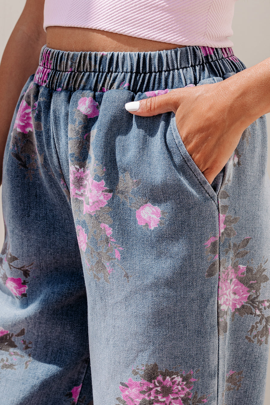 Floral Print Elastic Waist Pull-On Jeans