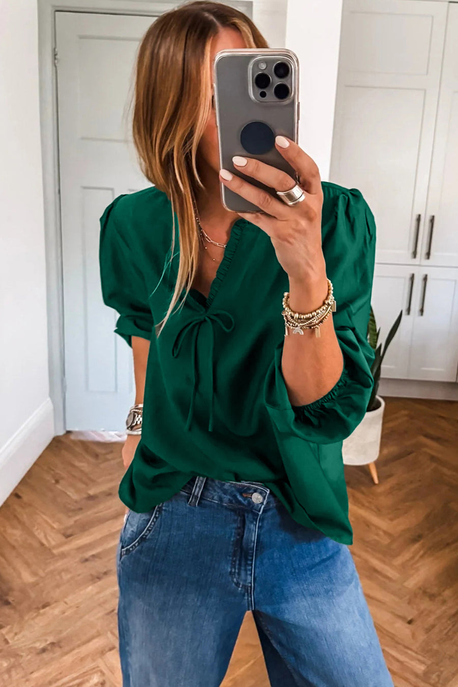 Frilled V-Neck Bow Detail 3/4 Sleeve Blouse- 2 Colors