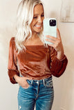 Clay Velvet Ribbed Texture Square Neck Puff Sleeve Top
