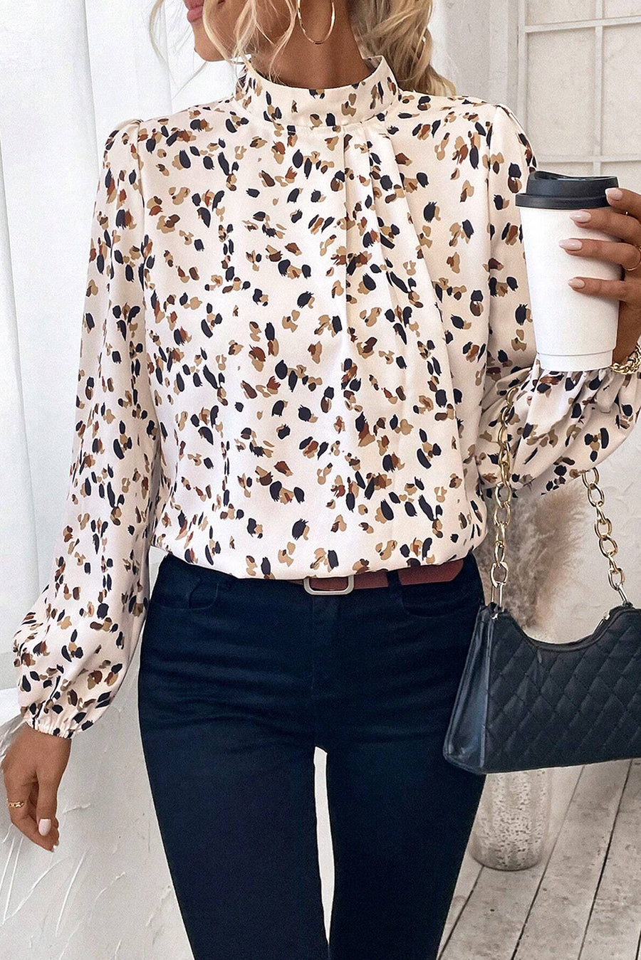 Leopard Print Mock Neck Long Sleeve Pleated Blouse- 2 Colors