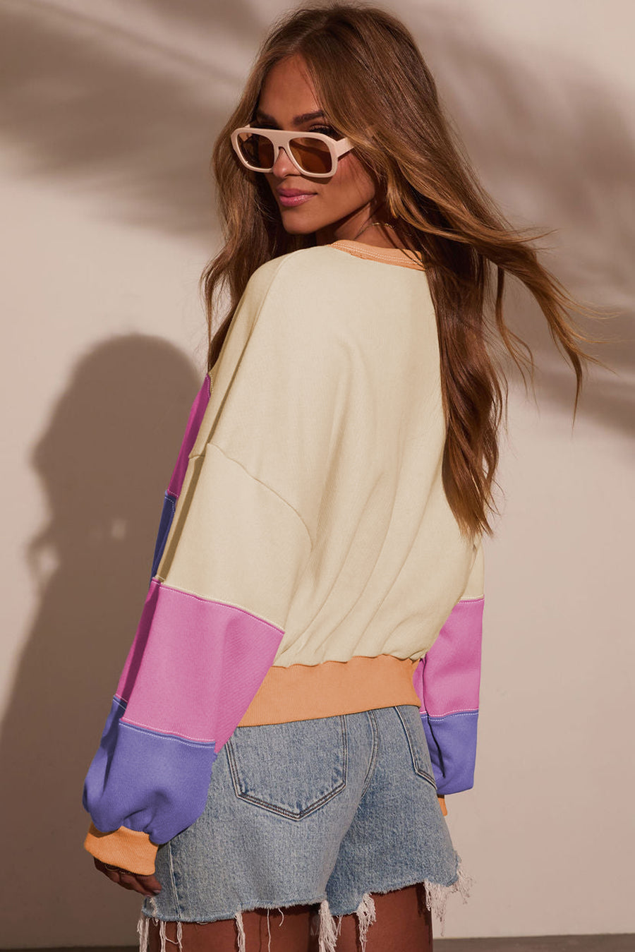 Color Block Patchwork Drop Shoulder Cropped Sweatshirt