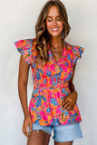 Neon Pink Floral Frill V-Neck Smocked Peplum Blouse