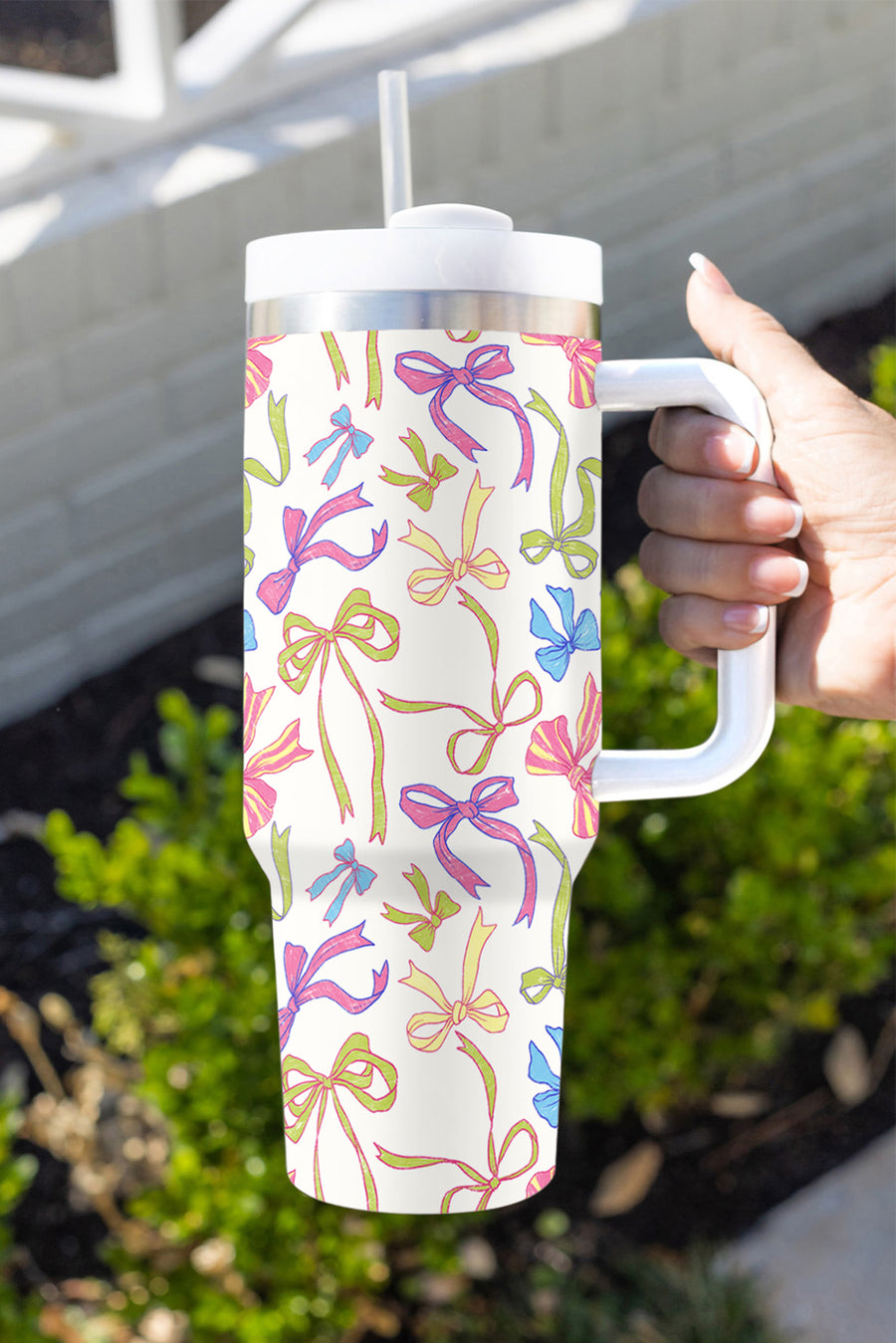 White Bow Print Large Stainless Steel Tumbler