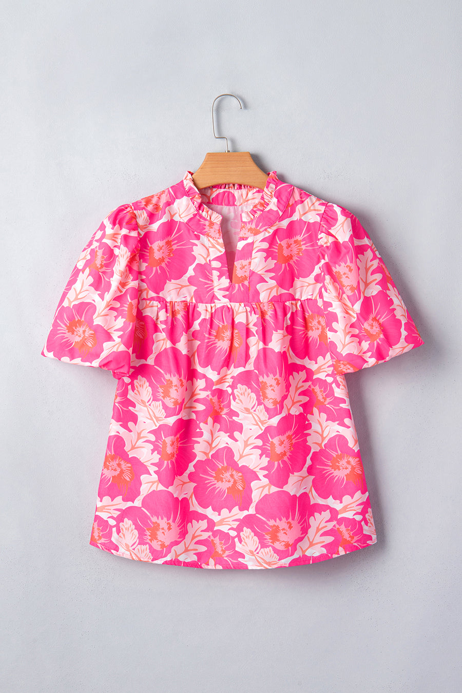 Short Bubble Sleeve Summer Floral Blouse A