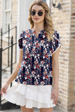 Navy Floral Print Button-Up Lace Trim Petal Sleeve Blouse