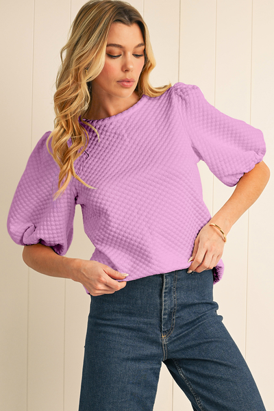 Orchid Textured Crew Neck Puff Sleeve Blouse