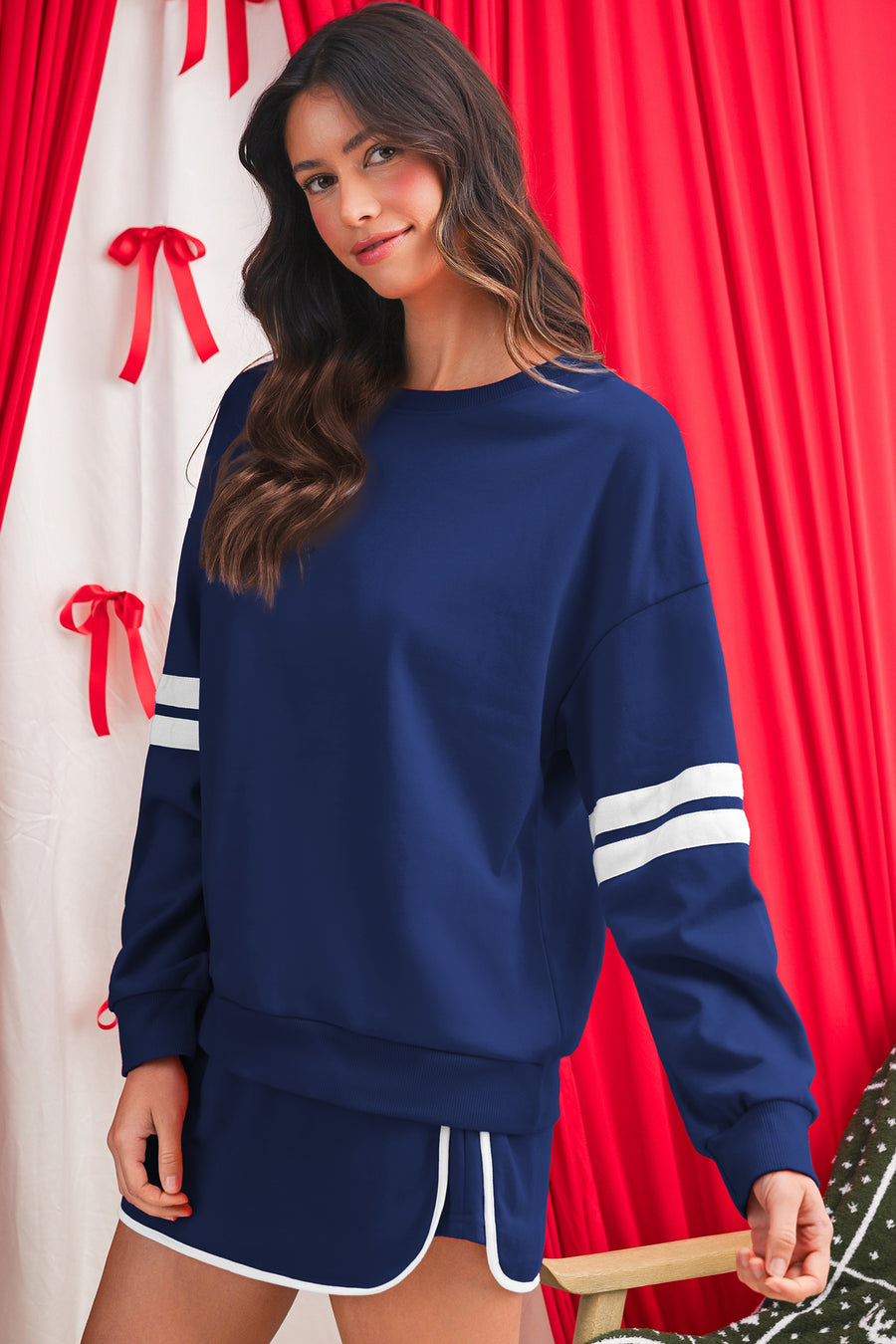 Varsity Striped Drop Shoulder Pullover Sweatshirt & Mini Skort Set- 6 Colors