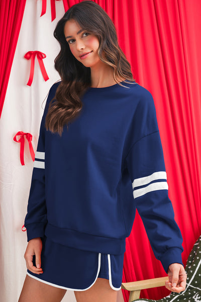 Tillandsia Purple Varsity Stripe Detail Drop Shoulder Pullover Mini Skort Set