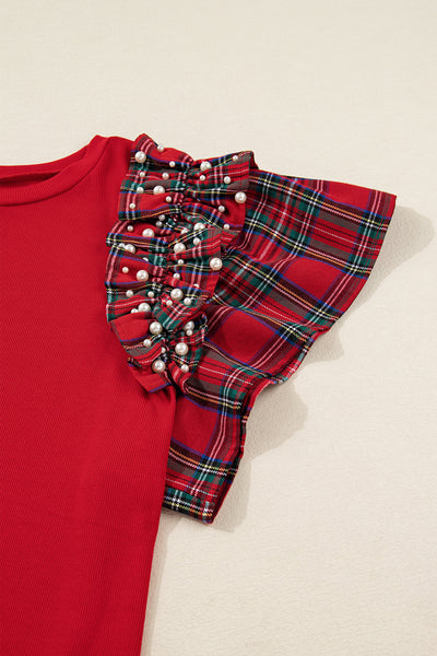 Plus Size Racing Red Plaid Pearl Ruffled Sleeve Knit Holiday Top