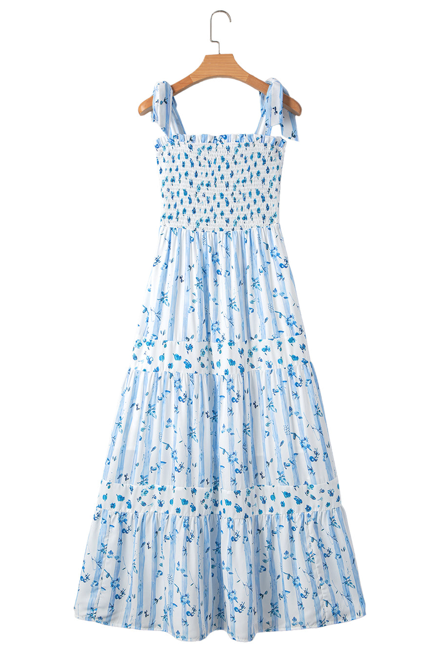 Blue Floral Striped Smocked A-Line Tie Strap Maxi Dress
