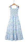 Blue Floral Striped Smocked A-Line Tie Strap Maxi Dress