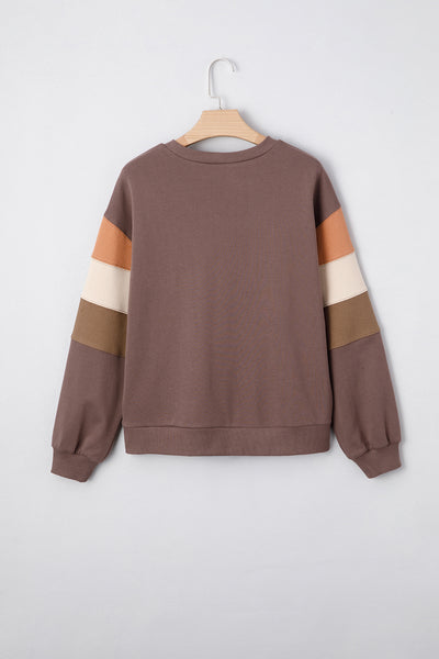 Dark Khaki Colorblock Drop Shoulder Pullover Casual Sweatshirt