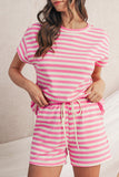 Pink Striped Crew Neck T-Shirt and Drawstring Shorts Set