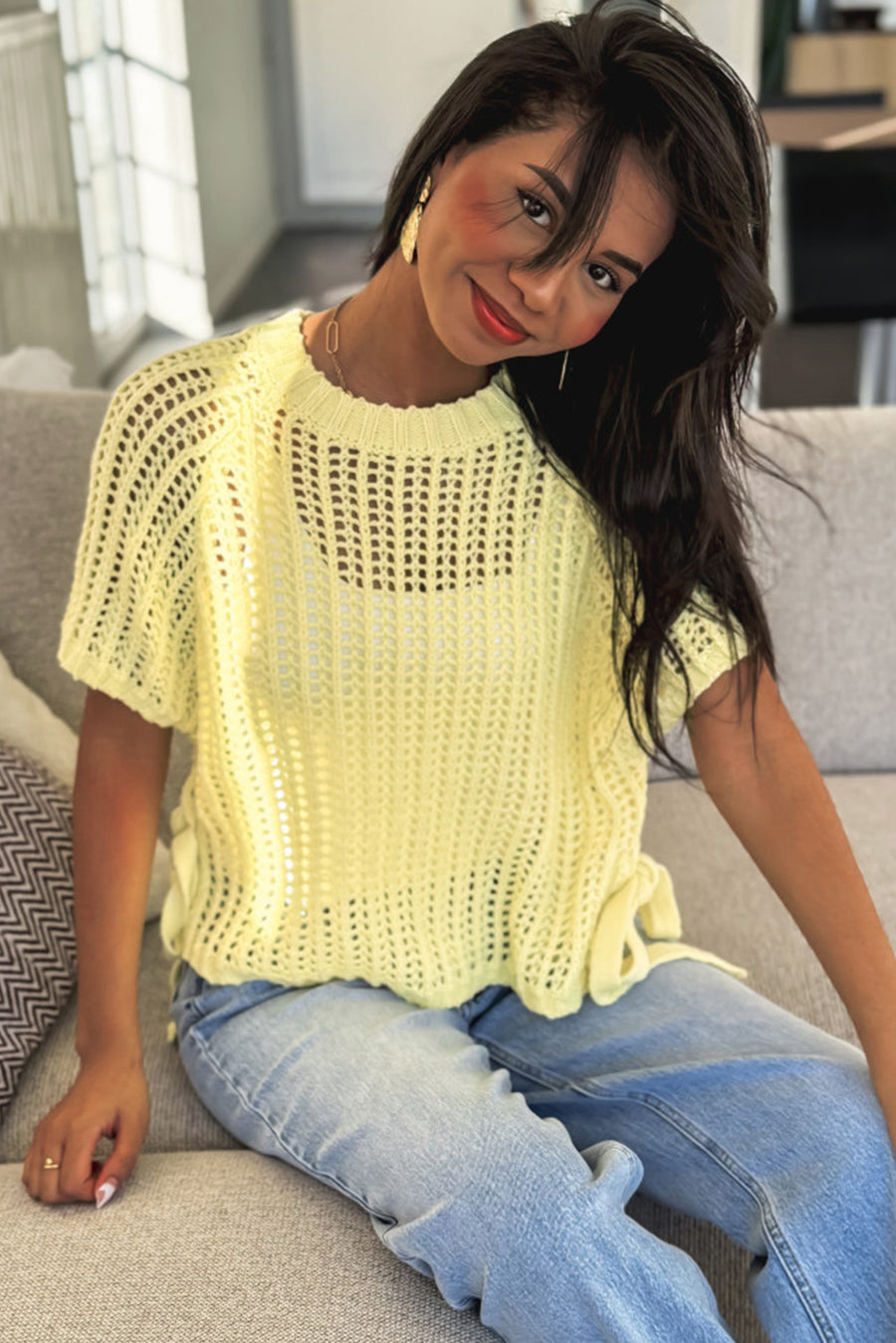 Side Tie Crochet Knit Short Sleeve Sweater- 2 Colors