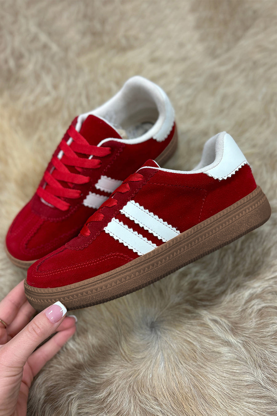 Fiery Red Vintage Striped Suede Patchwork Lace-Up Sneakers