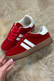 Fiery Red Vintage Striped Suede Patchwork Lace-Up Sneakers