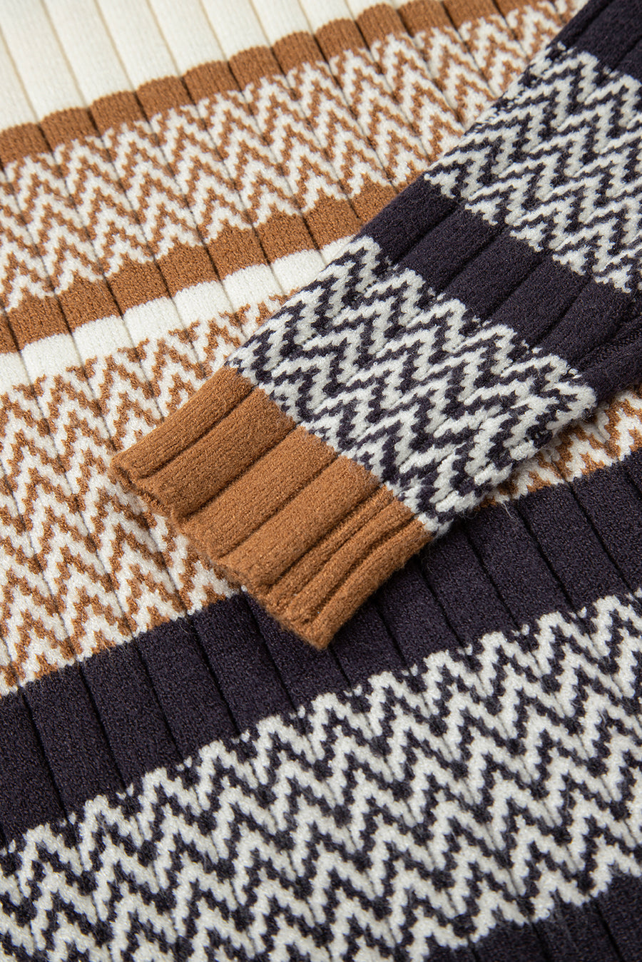 Brown Multi Striped Chevron Pattern Knit Ribbed Trim Slim Fit Sweater