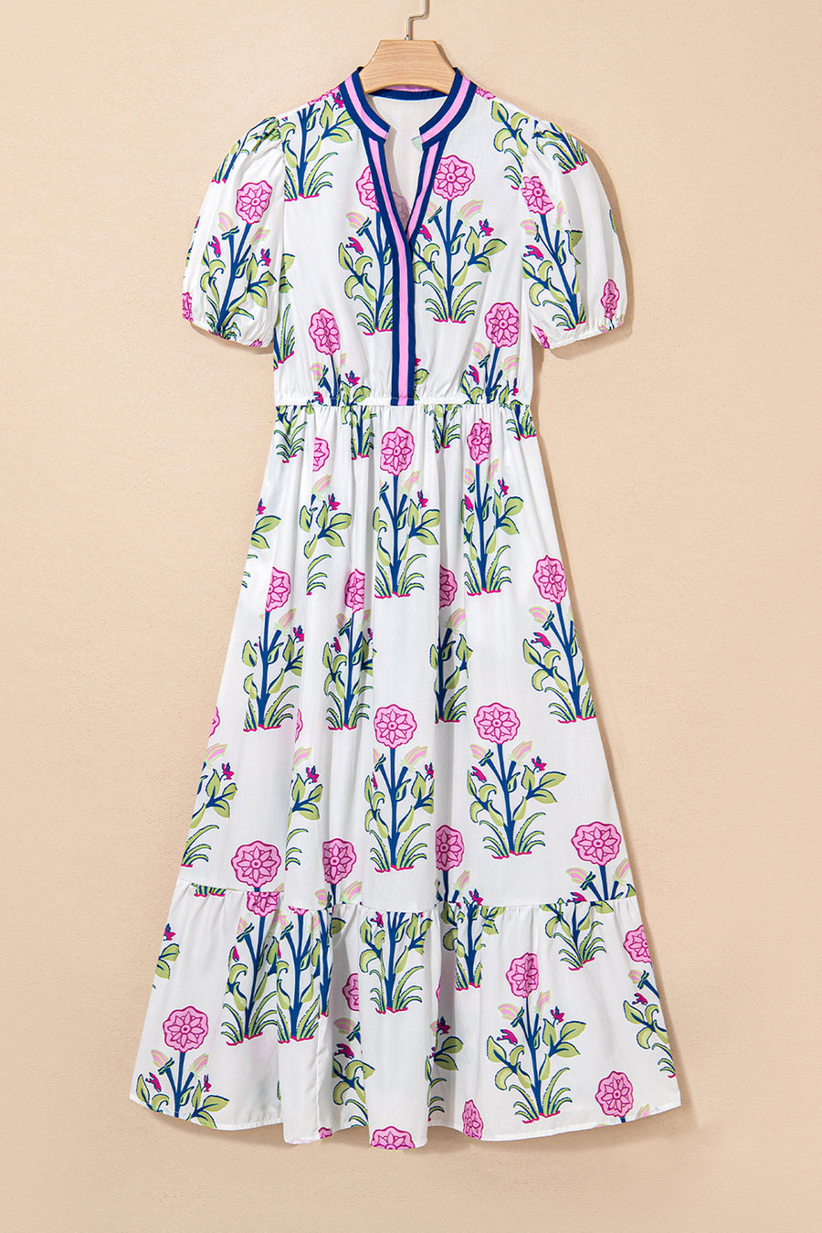 Floral Ruffle Hem Contrast Trim Neckline Midi Dress- 3 Colors