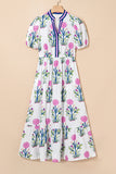 Floral Ruffle Hem Contrast Trim Neckline Midi Dress- 3 Colors