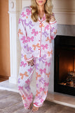 Pink Striped Bow Print Piping Trim Long Sleeve Pajama Set
