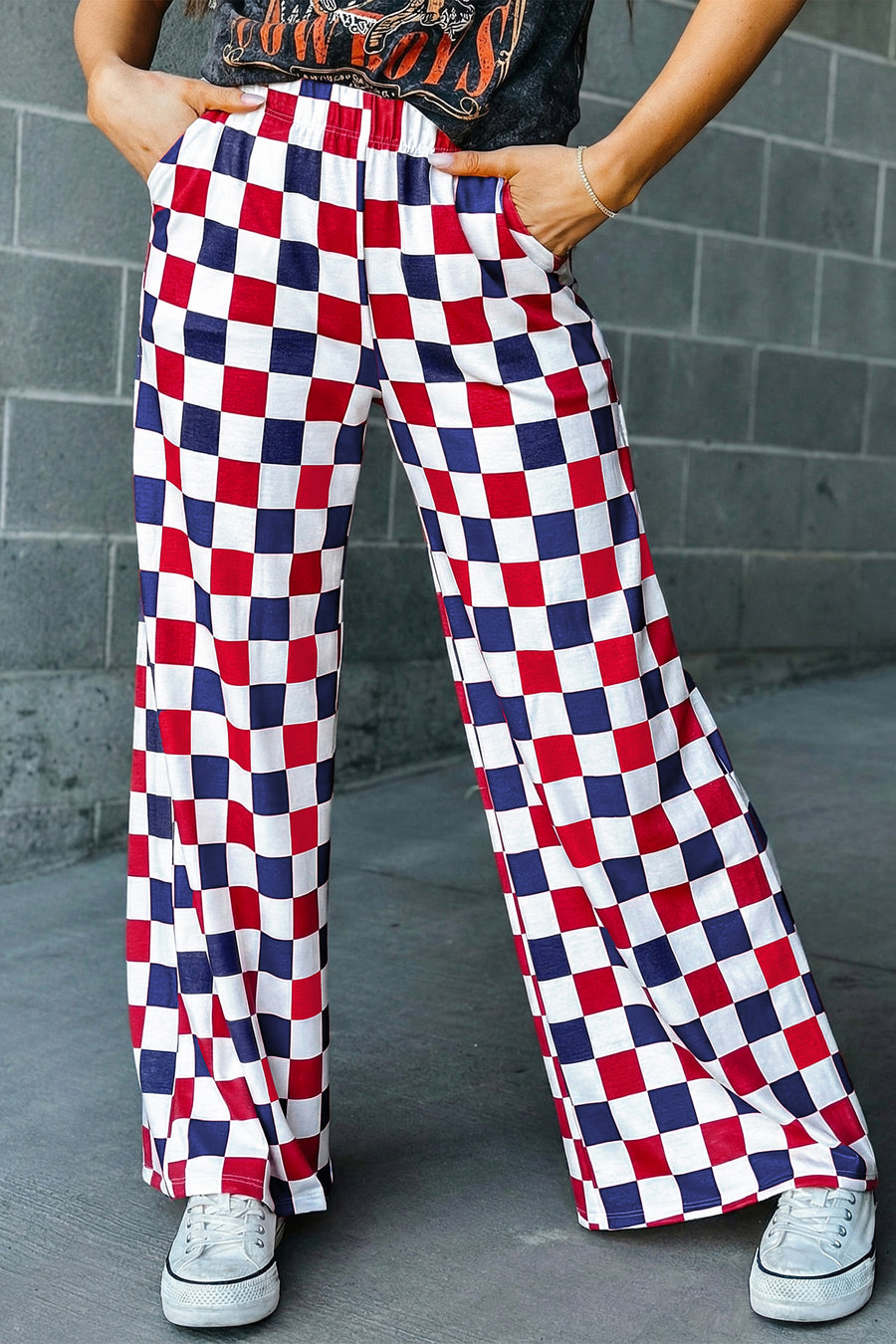 Red and Navy Checkered Print High Waist Wide Leg Pants