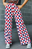 Red and Navy Checkered Print High Waist Wide Leg Pants